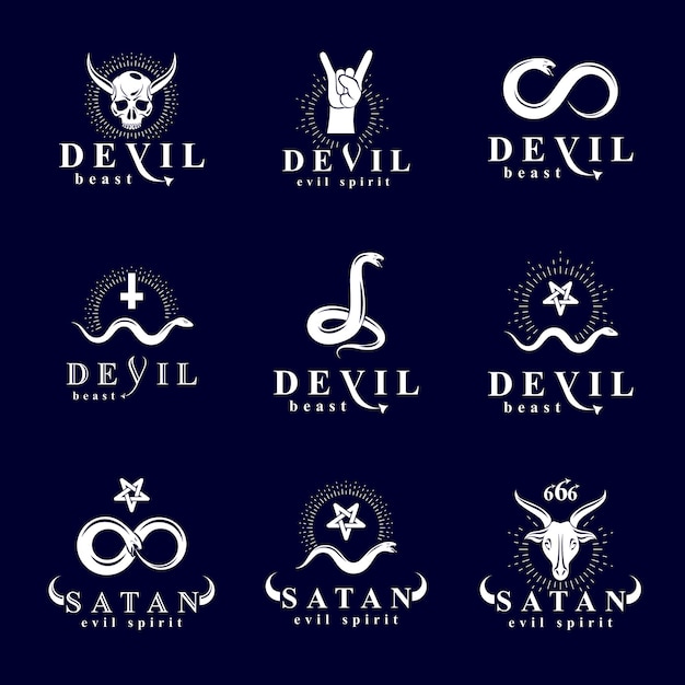 Conjunto de logotipos místicos infernales demoníacos vectoriales creados con serpientes venenosas, símbolos de cabeza muerta malvada con cuernos, pentáculos paganos y cabras con 666 números como ilustración de Lucifer.