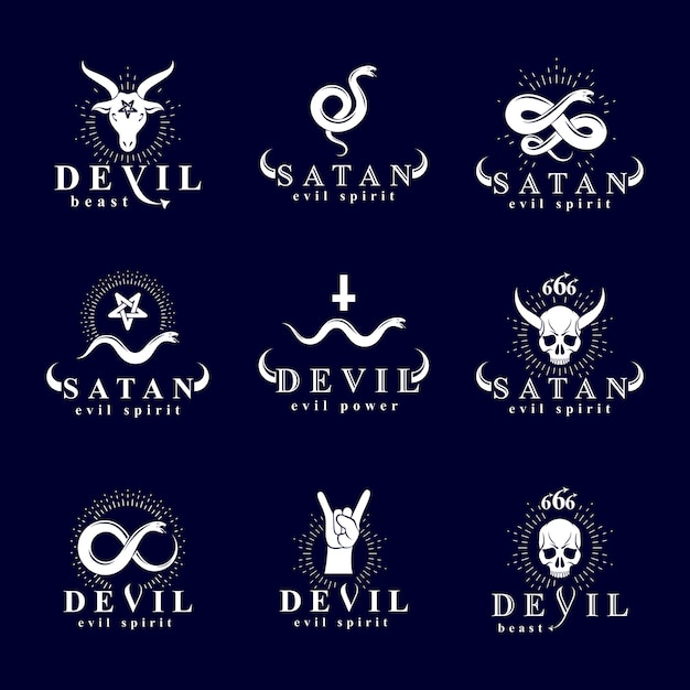 Conjunto de logotipos místicos infernales demoníacos vectoriales creados con serpientes venenosas, símbolos de cabeza muerta malvada con cuernos, pentáculos paganos y cabras con 666 números como ilustración de Lucifer.