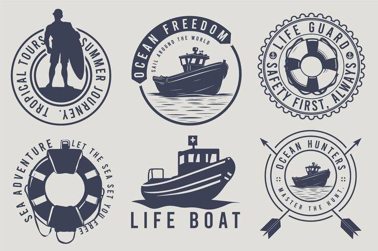Vector conjunto de logotipos náuticos insignias de cazadores oceánicos libertad oceánica y citas de estilo oceánico con un bote salvavidas