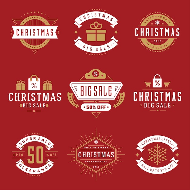 Conjunto de logotipos navideños, emblema, divisa. Decoración de adornos vintage.