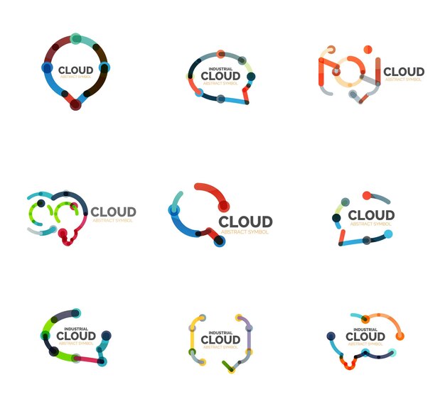 Conjunto de logotipos de nube de voz de diseño lineal plano Burbujas de conversación Iconos de líneas delgadas industriales geométricas modernas