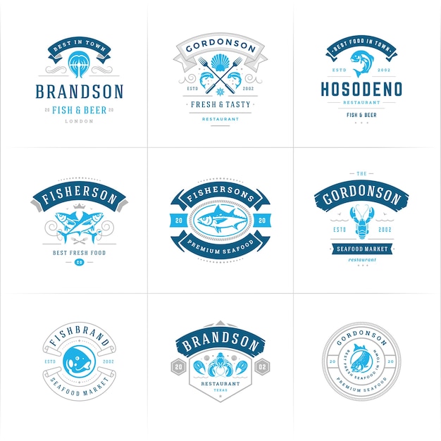 Vector conjunto de logotipos o carteles de mariscos
