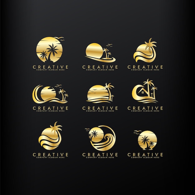 El conjunto de logotipos de oro de viaje de palma Wave Beach Palm diseño de icono de combinación de ilustración vectorial