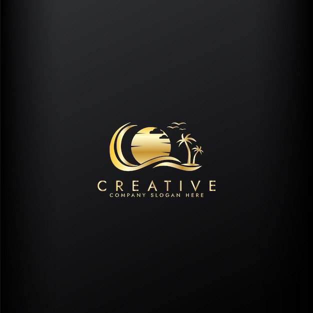 El conjunto de logotipos de oro de viaje de palma Wave Beach Palm diseño de icono de combinación de ilustración vectorial