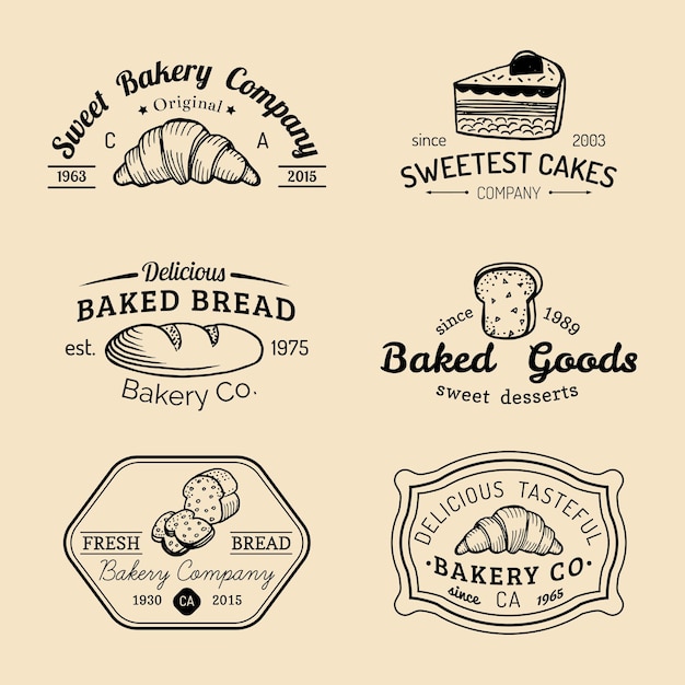 Vector conjunto de logotipos de panadería vintage. colección de emblemas retro. iconos de pastelería hipster. elementos del desierto.