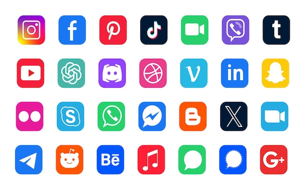 Conjunto de logotipos de redes sociales en fondo blanco