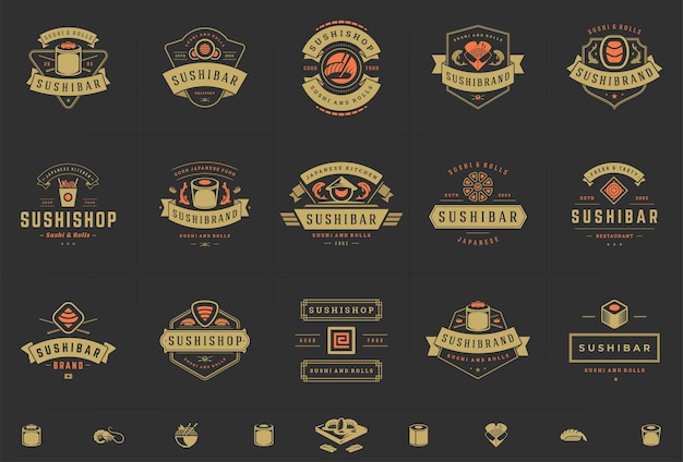 Conjunto de logotipos de restaurantes japoneses y sushi