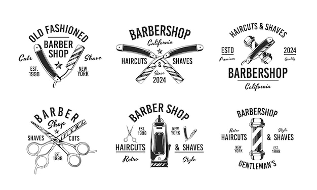 Vector conjunto de logotipos retro de barberías emblemas de barbería etiquetas emblemas vectoriales plantillas