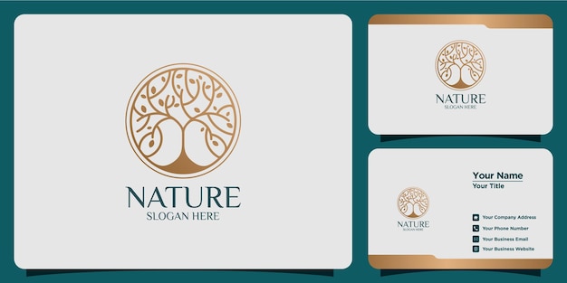 Conjunto de logotipos y tarjetas de visita de plantillas de árboles modernos y femeninos dibujados a mano