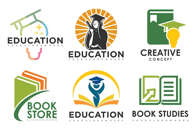 Conjunto de logotipos de vectores de educación Este diseño utiliza gente de libros y lámpara de bombilla Adecuado para el aprendizaje