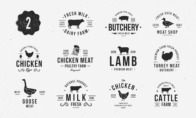 Conjunto de logotipos vintage de carne de vaca 12 etiquetas de carnicería emblemas con siluetas de vacas