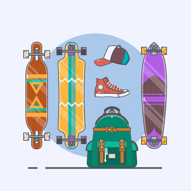 Conjunto de longboards y patinetas de varias formas. Dibujo lineal. Ilustración vectorial