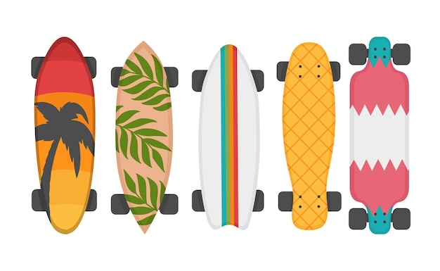 Un conjunto de longboards con un patrón elegante en el tablero Flat doodle clipart Todos los objetos son repintados