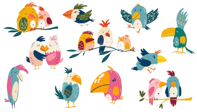 Vector conjunto de loros aves exóticas ideal para impresiones de tarjetas infantiles y tarjetas de felicitación ilustración de imágenes prediseñadas vectoriales aisladas