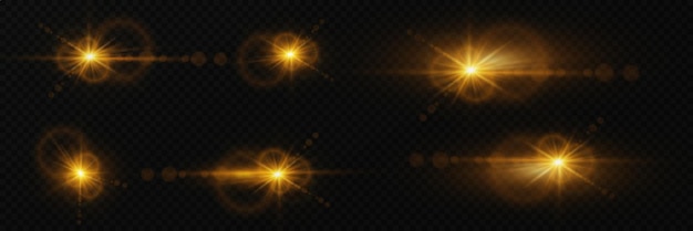 Conjunto de luces doradas y luces estrellas brillantes destello y efecto lente estallido de luz
