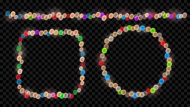 Conjunto de luces de hadas multicolores desenfocadas con efectos bokeh en forma de círculo, cuadrado y línea