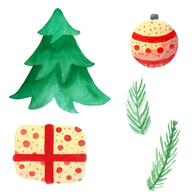 Conjunto de luces de regalos de árbol de Navidad de acuarela