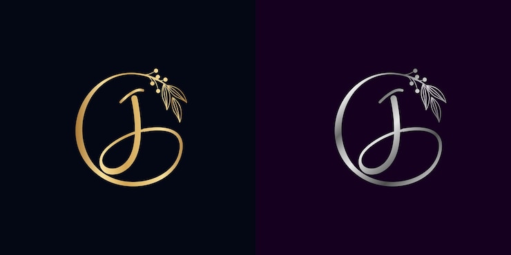 Vector conjunto de lujo oro y plata firma letra j círculo aislado con hojas por delante. monograma de vector para firma personal, cosmética, restaurante, boutique, hotel, vector de concepto de logotipo de naturaleza