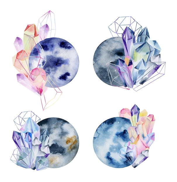 Conjunto de luna de cristal de acuarela luna aislada con ilustración de cristales