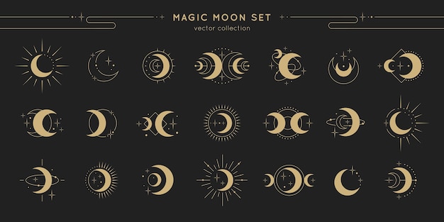 Conjunto de luna mágica. Colección lunar de vector con lunas, estrellas, rayos de sol. Elementos gráficos para astrología, esotérico, tarot, impresiones místicas y mágicas, carteles, pancartas, patrones o fondos.