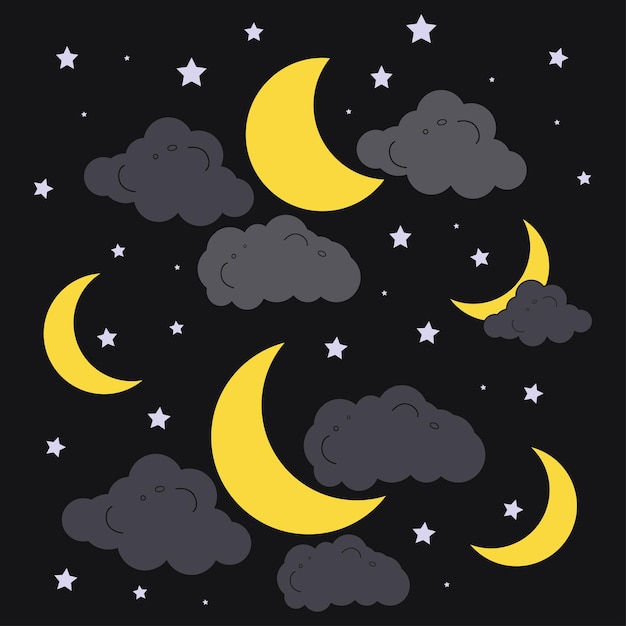 conjunto de luna negra y amarilla, icono del clima de estrellas y nubes para el fondo del vector de media noche