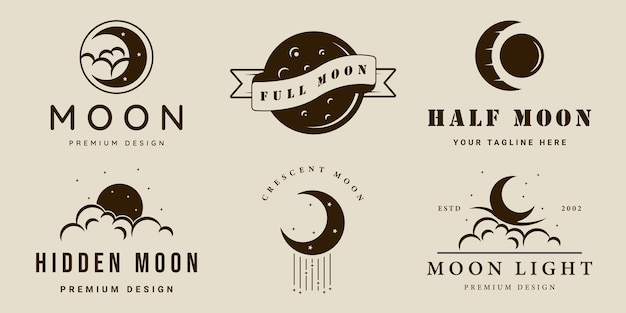 Conjunto de luna o logotipo lunar vintage vector ilustración plantilla icono diseño gráfico colección de paquetes de varios signos o símbolos de media luna con estilo retro simple