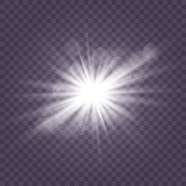 Vector conjunto de luz blanca brillante explota sobre un fondo transparente brillantes partículas de polvo mágico. la estrella estalló con destellos. brillo dorado estrella brillante. sol brillante transparente, destello brillante