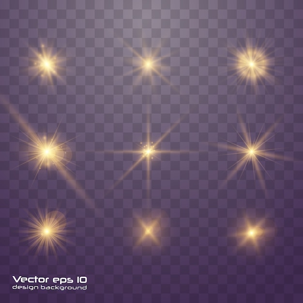 Conjunto de luz brillante de oro amarillo explota sobre un fondo transparente. Brillantes partículas de polvo mágico. Estrella brillante Sol brillante transparente, destello brillante. Estalló con polvo y chispa aislado. Vector