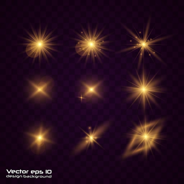 Conjunto de luz brillante de oro amarillo explota en transparente