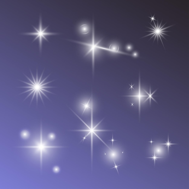 Conjunto de luz estelar brillante Explosión de estrellas con destellos Efecto de luz brillante La luz blanca brillante explota luz estelar brillante La lente destella rayos con el vector de colección bokeh