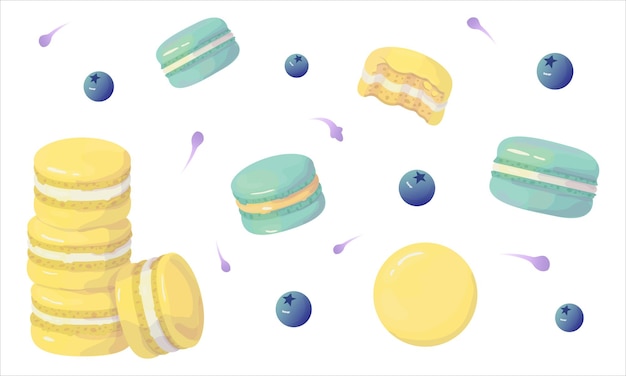 Conjunto de macarons de acuarela galletas tradicionales francesas de limón y arándanos en colores pastel. vector