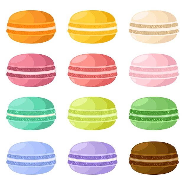 Vector conjunto de macarrones de diferentes sabores diferentes colores de macarrones ilustración de conjunto de iconos ilustración de vector de dibujos animados de diseño plano