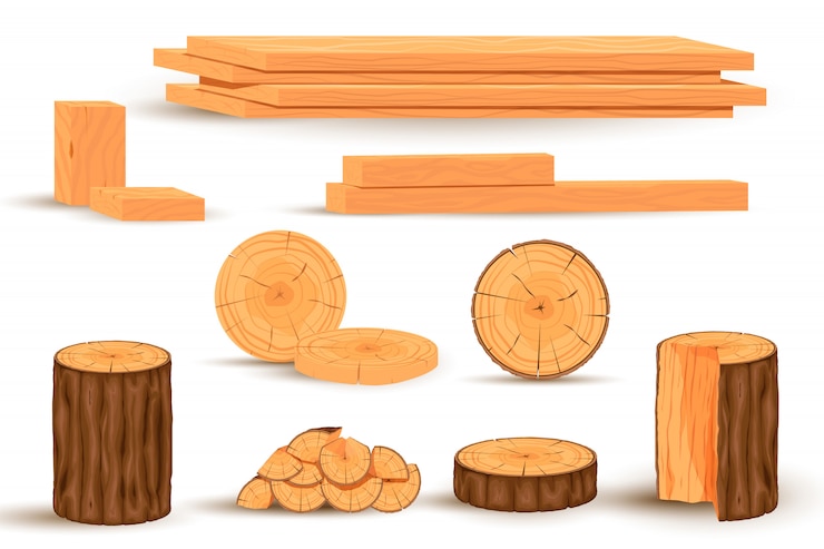 Vector conjunto de madera. maderas apiladas y troncos de leña, objetos de árboles forestales y ilustración de vector de dibujos animados de producción de madera de construcción