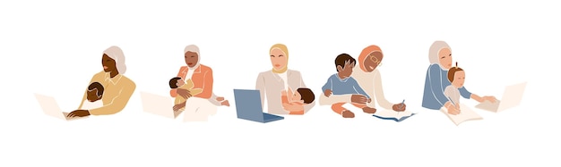 Vector conjunto de madres musulmanas modernas que trabajan con bebés lindas mujeres jóvenes en hijabs trabajan independientemente con sus hijos maternidad moderna ilustración vectorial plana aislada en fondo blanco para cualquier diseño