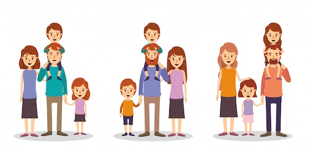 Conjunto de madres padres e hijos