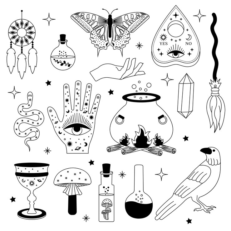 Vector conjunto de magia bruta conjunto de artículos de brujería colección de magia bruja y equipo esotérico
