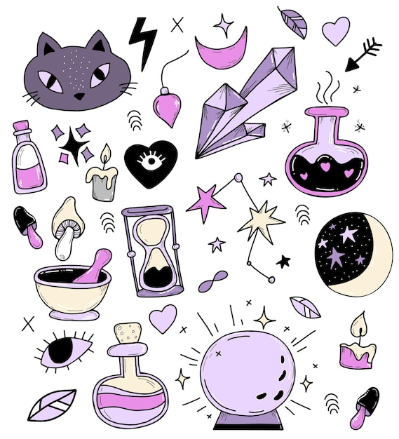 conjunto mágico. Amuletos de bruja brujería mágica y objetos rituales ocultos gato y bola mágica poción de amor