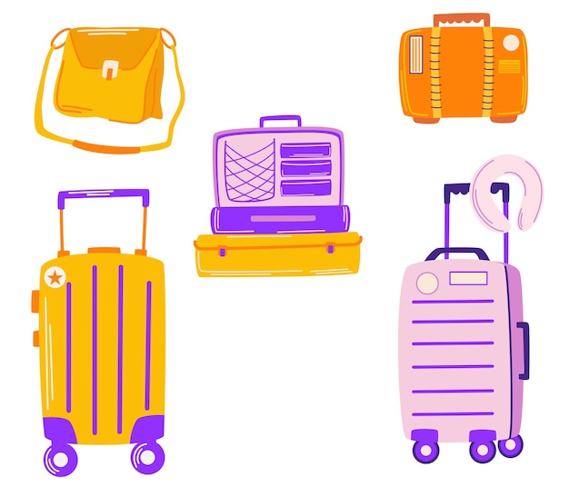 Conjunto de maletas bolsas de equipaje maletas equipaje bolsas de viaje ilustración de dibujos animados de vector de vacaciones aislado sobre fondo blanco