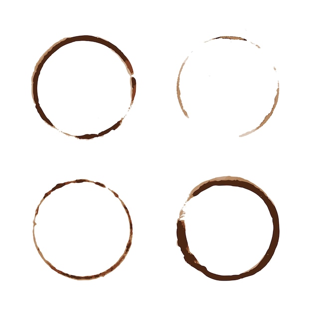 Conjunto de manchas de café vectorial aislado sobre fondo blanco Salpicaduras de anillo de taza y marcas de bebida circular