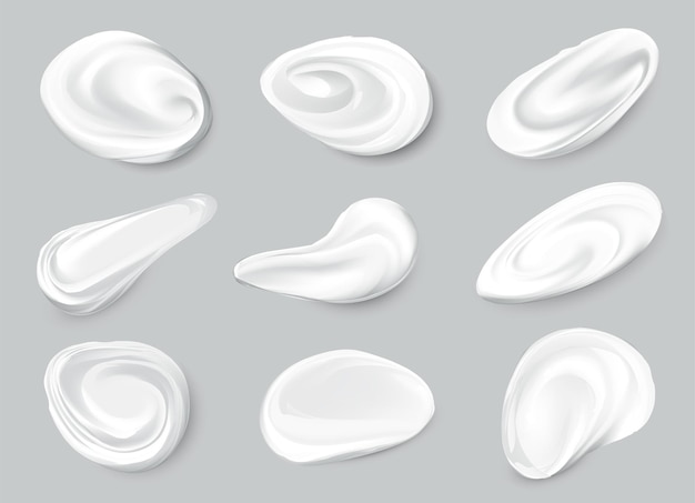 Conjunto de manchas de crema cosmética realistas Crema de cuidado de la piel de gotas blancas cremosas Loción de producto espesa Mancha suave fresca Textura vectorial aislada
