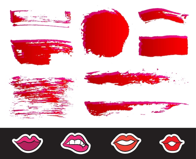 Conjunto de manchas de lápiz labial rojo trazos de pincel de textura aislados sobre fondo blanco maquillaje ilustración vectorial