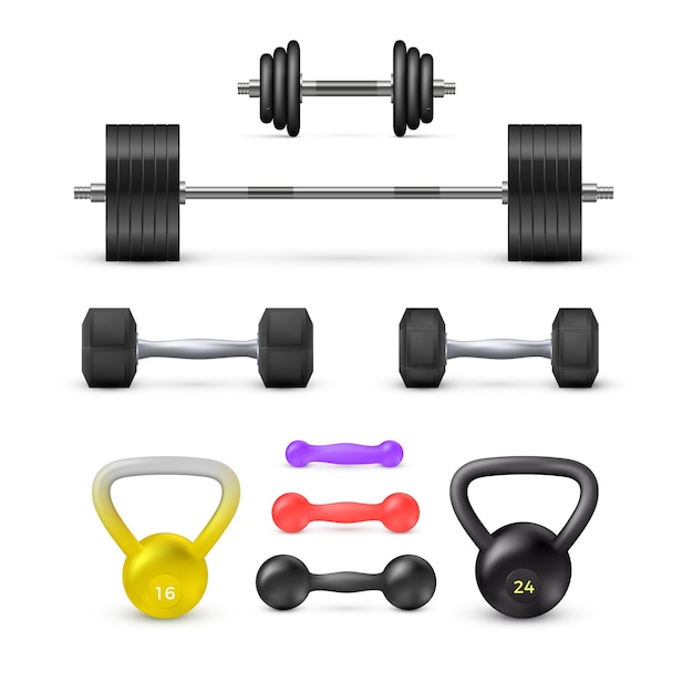 Conjunto de mancuernas con mancuernas y peso. Equipos de fitness y musculación. Vector elementrs