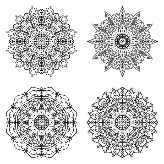 Conjunto de Mandala con adorno de flores Mehndi en estilo étnico oriental para colorear página de libro