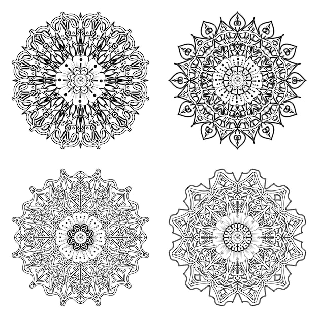 Conjunto de Mandala con adorno de flores Mehndi en estilo étnico oriental para colorear página de libro