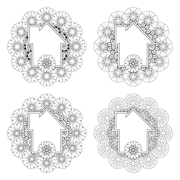 Conjunto de mandala con adorno de flores mehndi en estilo étnico oriental para colorear página de libro