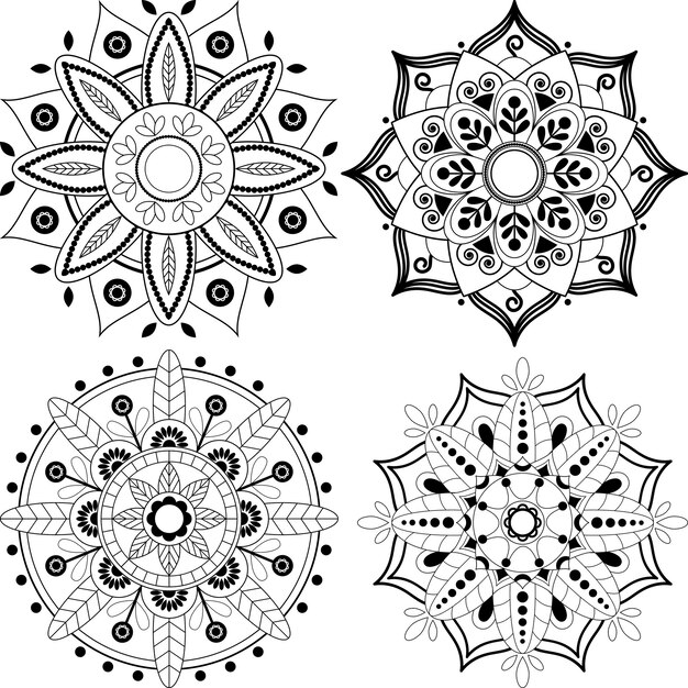 Conjunto de mandala blanco y negro aislado sobre un fondo blanco. Página del libro para colorear.