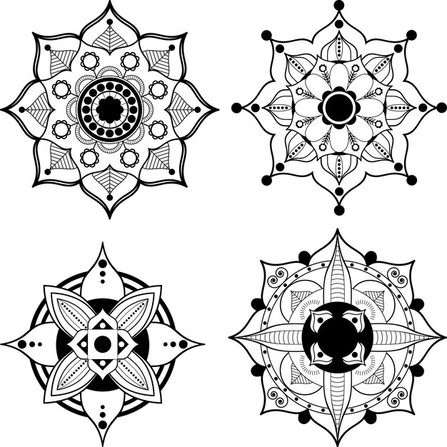 Conjunto de mandala blanco y negro aislado sobre un fondo blanco. Página del libro para colorear.