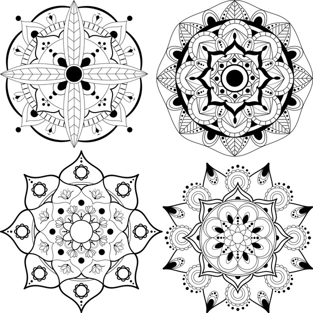 Conjunto de mandala blanco y negro aislado sobre un fondo blanco. Página del libro para colorear.