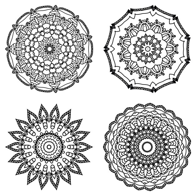 Conjunto de Mandala para colorear plantilla de libro diseño de papel tapiz patrón de encaje y decoración de tatuajes para diseño de interiores Vector dibujado a mano étnico oriental círculo ornamento fondo blanco estilo indio