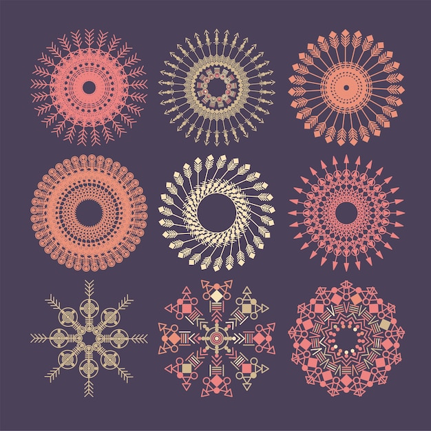 Conjunto de mandala tribal. ornamento geométrico del vector del círculo abstracto. elemento de diseño para tela, camiseta, pegatinas, bolsos.